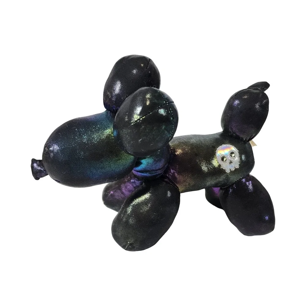 Iridescent Oil Slick Balloon Dog Plush Gothic Skull Patch Multicolor 9in